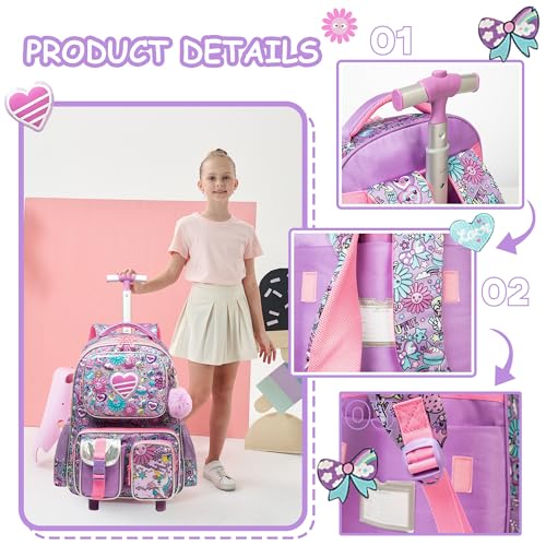 Meetbelify Kids Rolling Backpack with Wheels for Girls Rolling Backpacks with Lunch Box for Elementary School Students 3 in 1 Travel Luggage Suitcase for Girls Age 8-10 - color: Girl 01