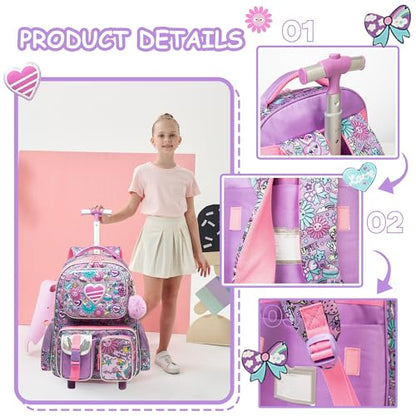 Meetbelify Kids Rolling Backpack with Wheels for Girls Rolling Backpacks with Lunch Box for Elementary School Students 3 in 1 Travel Luggage Suitcase for Girls Age 8-10 - color: Girl 01
