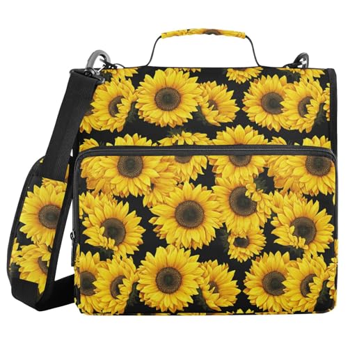 Gredecor 3 Ring Zipper Binder with Shoulder Strap, Floral Flowers Sunflowers Multi-Pockets Organizer Binder Bag Holds 500 Sheets for School and Office - color: Floral Flowers Sunflowers
