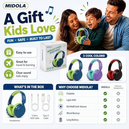 Kids Bluetooth Headphones Active Noise Cancelling,68H Play Time,Lightweight Wireless Foldable Over-Ear Headphone for Kid Toddler,Volume Limited 85/94dB,Headsets with Built-in Mic Blue - color: Deep Blue