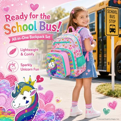 gxtvo 3PCS Girls Backpack, 16" Sequin Prechool Elementary Bookbag and Lunch Box - color: Reversible Sequins Unicorn Clip-on Backpack