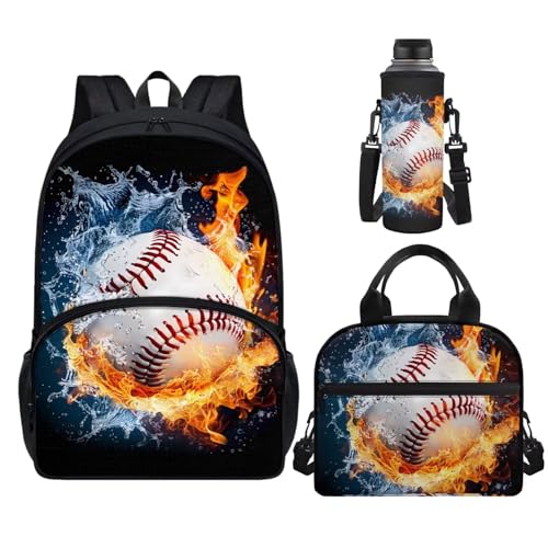 Horeset Baseball Flame Water Backpack for School Boys 3 Pack Casual Bookbags & Water Bottle Sling Bag & Picnic Lunch Bag Primary Middle School Rucksack with Breathable Padded Shoulder Straps - color: Baseball Flame Water