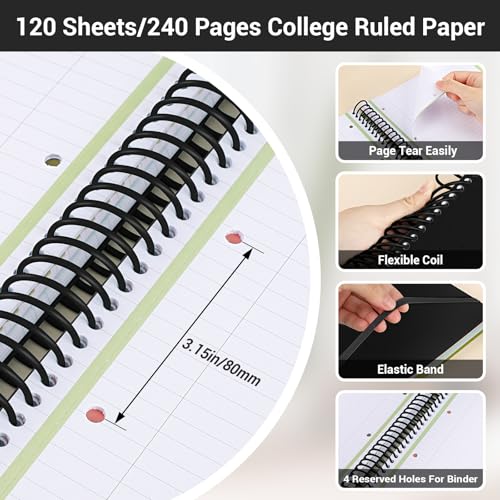 EUSOAR 3 Subject Notebook, A4 9.25" x 11.7"Large Lined Spiral Journal Notebook, College Ruled Notebook with Pockets, 240 Pages 90gsm Thick Paper, Cute Notebook for Office Travel School - color: Black, style: A4 Lined
