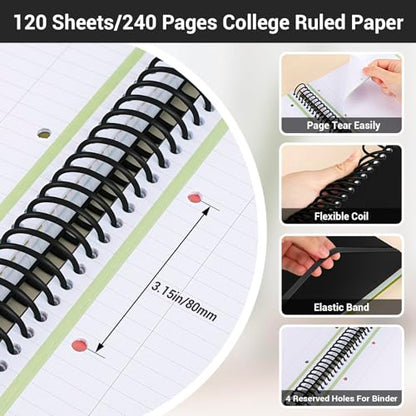 EUSOAR 3 Subject Notebook, A4 9.25" x 11.7"Large Lined Spiral Journal Notebook, College Ruled Notebook with Pockets, 240 Pages 90gsm Thick Paper, Cute Notebook for Office Travel School - color: Black, style: A4 Lined