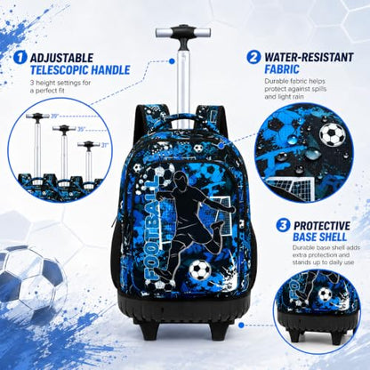 gxtvo Kids Rolling Backpack for Boys, Men Wheeled Bookbag with Lunch Box for Adults, Water Resistant Roller School Bag for College Teens Kids Travel - Blue Soccer - color: Rolling Backpack Shot Football Blue