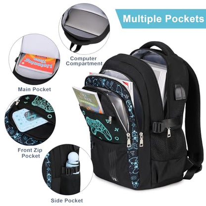 ACESAK Boys Backpack - Black Game Console Bento Box with Insulated Lunch Bag Pencil Case & Utensils Set for Kids, 6 Leakproof Compartments Removable Tray Lunches or Snack Container - color: Black Game Console