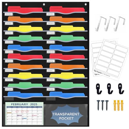 ALSLEA 22 Pockets Hanging Wall File Organizer, Sturdy Legal/Letter Size Manila File Folders Organizer, Classroom Pocket Chart with 2 Writable Clear Pockets, 6 Wall/Door Hooks & 24 Labels (Black) - size: Extra Large (22 Pockets)