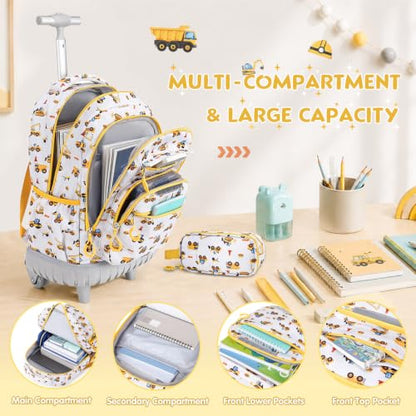 Rolling Backpack for Boys, 3PCS Roller School Backpacks for Boys with Lunch Bag and Pencil Pouch, Kids Bookbag School Bag with Wheels for Kindergarten Elementary Middle School Travel - color: Grey Truck