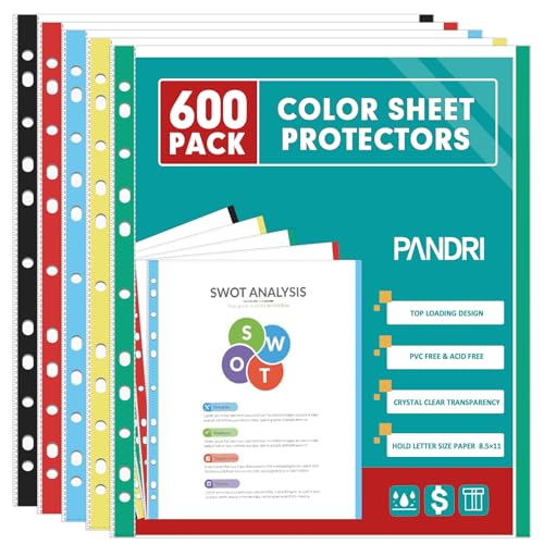 Sheet Protectors, PANDRI 600 Pack Color Heavy Duty Plastic Page Protectors Sheet Reinforced 11-Hole Fit for 3 Ring Binder Fits Standard 8.5 x 11 Paper, 9.25 x 11.25 Top Loaded, Excluding Acid - size: 600 PACK