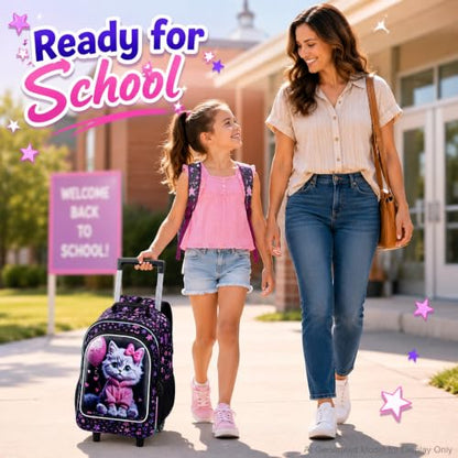 WZLVO 3PCS Wheeled Backpack, 18" Sparkling Cat Print Girls Rolling Backpack, Includes Matching Lunch Bag & Pencil Bag - Cat in Pink Dress (Purple) - color: 3PCS Girls Rolling Backpack - Cat in Pink Dress