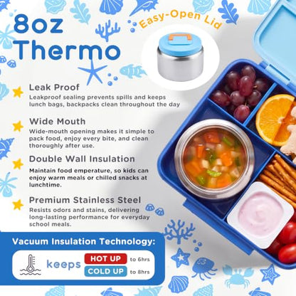 Bento Lunch Box for Kids with 8oz Soup Thermo Leak-Proof Lunch Food Containers with Snack Sauce Container for Kid Girls Boys to School,Blue Bag - color: Blue Bag
