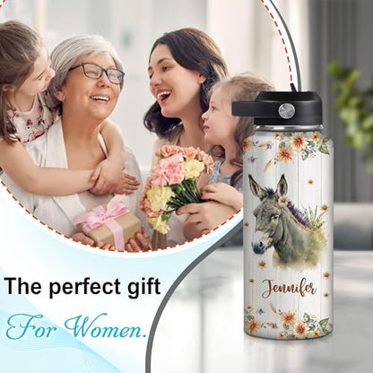 Hyturtle Personalized Donkey Water Bottle - Custom Name Insulated Stainless Steel Bottle with Leak-Proof Lid 18oz 32oz - Animal Lover Gift for Women Girls Donkey Lovers - Birthday & Christmas Gift - color: Donkey