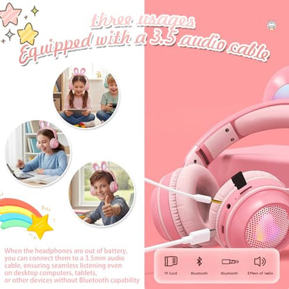 Kids Bluetooth Cat Ear Headphones LED Light, Noise Cancelling, Pink | Delight your child with these stylish LED cat ear headphones premium noise cancellation, built-in mic, and wireless ease. - color: Rabbit Pink