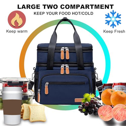 Weitars Insulated Lunch Box for Women Men-Dual Compartment Waterproof Reusable Large Lunch Bag Wide-Open Tote Cooler Bag For Working Picnic Hiking (15L) (Blue) - color: Blue