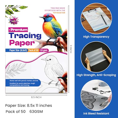 Tracing Paper 8.5x11 in, 50 Sheets, Transparent Sketch Paper 63gsm | 50 Sheets, 63gsm Translucent, Sketching & Drafting, Art Projects, Pencil Marker & Ink, Premium - size: 8.5" x 11" (50 Sheet)