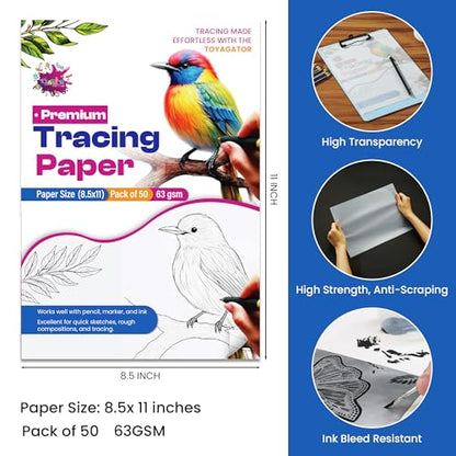 Tracing Paper 8.5x11 in, 50 Sheets, Transparent Sketch Paper 63gsm | 50 Sheets, 63gsm Translucent, Sketching & Drafting, Art Projects, Pencil Marker & Ink, Premium - size: 8.5" x 11" (50 Sheet)