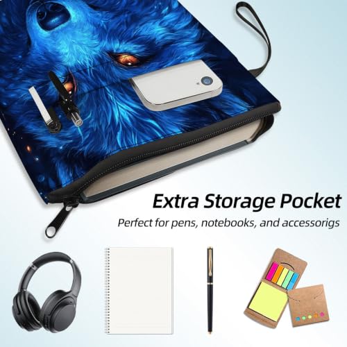 Padded Book Sleeve with Zipper & Front Pocket, Fabric Book Cover | Ice Blue Wolf Rose Flowers11.4"x8.7" Washable Canvas Pouch for Hardcovers, Tablets & Reading Accessories - color: Ice Blue Wolf Rose Flowers