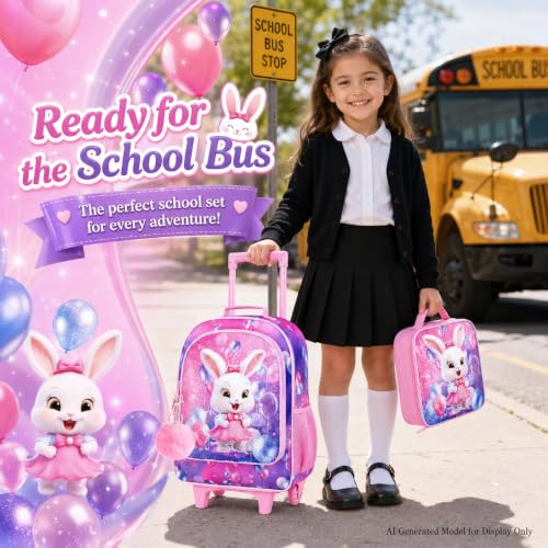 3Pcs Bunny Rolling Backpack for Girls, Kids School Backpacks with Wheels, Roller Bookbag with Lunch Box for Elementary Preschool(Pink) - color: Pink Rabbit