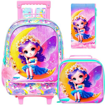 gxtvo Girls Rolling Backpack, Cute Moon Fairy Roller Wheels Kids Bookbag - Wheeled Elementary School Bag - 3PCS Moon Fairy - color: Moon Fairy With Purple Hair Rolling Backpack
