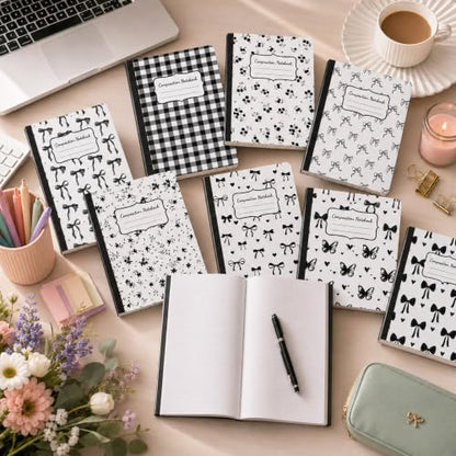 8 Pack Black Bow Composition Notebooks Bulk Black Notebook College Ruled Journal 100 Pages Cute Aesthetic Bow Composition Books Back to School Gift for Student Teacher Office Supplies 9.7x7.5 Inch - color: Black Bow