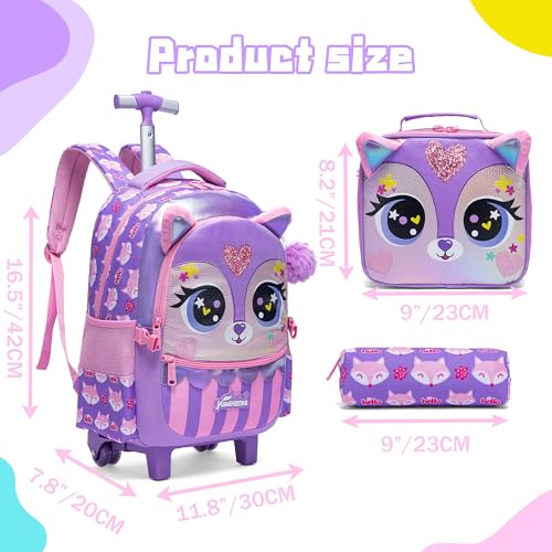 Rolling Backpack for Girls Backpacks with Wheels for Elementary Preschool Students Kids 2 in 1 Travel Luggage Carry on Suitcase with Pencil Case for Girls Age 8-10 - color: Purple 01