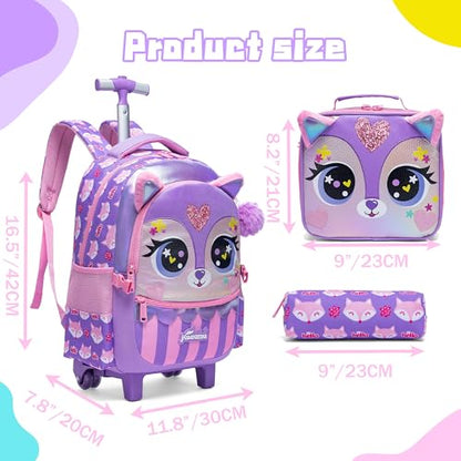 Rolling Backpack for Girls Backpacks with Wheels for Elementary Preschool Students Kids 2 in 1 Travel Luggage Carry on Suitcase with Pencil Case for Girls Age 8-10 - color: Purple 01