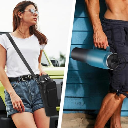 32 40 OZ Insulated Water-Bottle with Handle - Straw & Chug Lid, Strap Carrier Bag & Protective Boot, Stainless Steel Coffee Travel Tumblers, Leak-Proof, Skinny Flask Fit in Car Cup Holder - color: Blue&Black, size: 32 ounces with handle