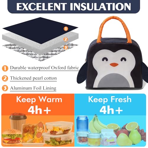 Lunch Bags Tote Cooler Bag Insulated Reusable Lunch Tote Bags Cartoon Portable Lunch Box Bag for Work Office Picnic Beach (Navy Blue Penguin) - color: Navy Blue Penguin