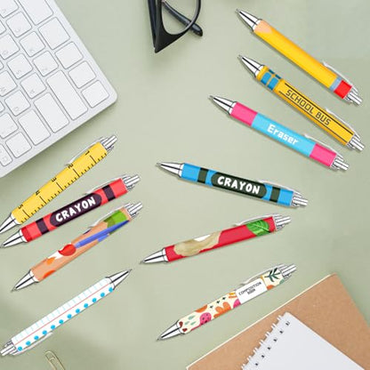 Teacher Appreciation Week Ballpoint Pens Set of 10 – Colorful Crayon-Inspired Teacher Theme Pens with Classroom Supply Designs – Smooth Black Ink Pens for Classroom, Office, and Thank You Gifts - style: Chalk Teacher