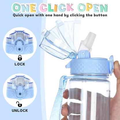 OLDLEY 17oz Kids Water Bottle, Tritan BPA-Free, Leakproof Flip Straw Lid, Motivational Time Marker, Carry Strap, Reusable Clear Water Bottle for Boys & Girls,Baby Blue - color: Baby Blue, style: 17 Ounces