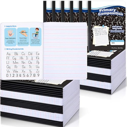 Watersay 60 Pack Primary Ruled Composition Notebook, Grade K-2 Journal 50 Sheets, 7-1/2" x 9-3/4" Primary Composition Book Writing Notebook for Kids Kindergarten Preschool 1st 2nd Grad (Black) - color: Black