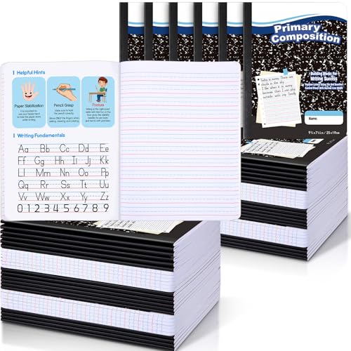Watersay 60 Pack Primary Ruled Composition Notebook, Grade K-2 Journal 50 Sheets, 7-1/2" x 9-3/4" Primary Composition Book Writing Notebook for Kids Kindergarten Preschool 1st 2nd Grad (Black) - color: Black