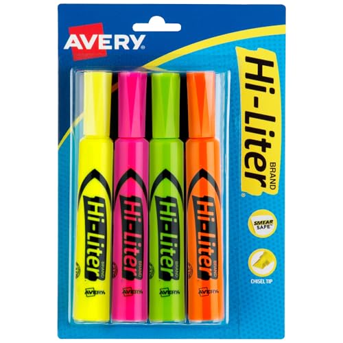 Avery Hi-Liter Desk-Style Highlighters, Smear Safe Ink, Chisel Tip, 4 Assorted Color Highlighters (24063) - size: 4 Count (Pack of 1), style: 4 highlighters