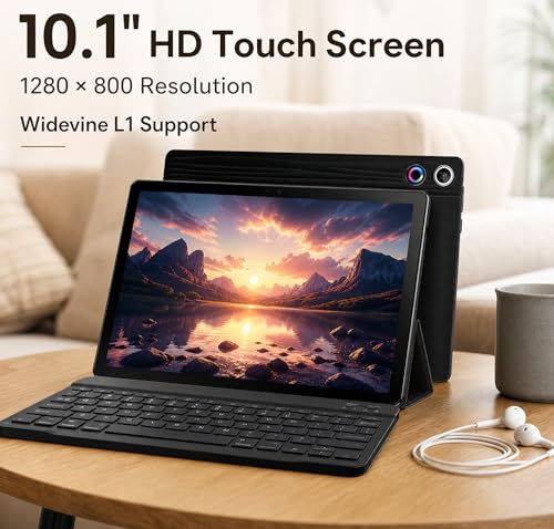 Jeazans Android 16 Tablet 10.1 Inch, 2-in-1 Tablet Bundle with Keyboard, Wireless Mouse, Stylus, Leather Case, Dual Camera, 64GB Storage+1TB Expansion, Portable Laptop for Students & Business