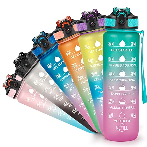 YC Kitchen Motivational Water Bottle with Time Marker - 32oz, Leak-proof BPA Free Sports Water Bottles with Straw & Carrying Strap - color: Green Gradient, size: 32 Ounces