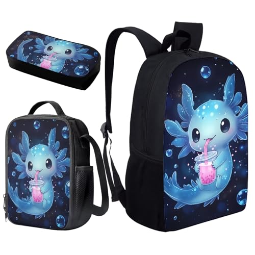 Blue Axolotl Kids Backpack Set 3Pcs with Lunch Bag Pen Bag Set Portable Lunch Bag Multifunctional Pencil Case Lightweight Casual Daypacks for Elementary School Students - color: Blue Axolotl