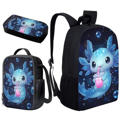 Blue Axolotl Kids Backpack Set 3Pcs with Lunch Bag Pen Bag Set Portable Lunch Bag Multifunctional Pencil Case Lightweight Casual Daypacks for Elementary School Students - color: Blue Axolotl