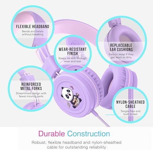 MEE audio KidJamz KJ55 Wired Children’s Headphones with 3.5mm Plug, Colorful Graphics, Volume Limiter & Microphone, Adjustable On-Ear Kids Headset for Online Learning/School/Travel/Tablet (Lavender) - color: Lavender, style: Standard