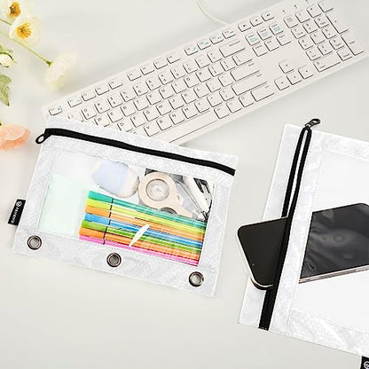 MCHIVER White Pencil Pouch for 3 Ring Binder Pencil Pouches with Zippers Clear Window Binder Pockets Pencil Bags for Office Daily Work 2 Packs - color: White