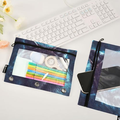 2 Pack Pencil Pouch for 3 Ring Binder Wolf Pencil Case Pouch with Clear Window Zipper Binder Pencil Pouches Pen Bag for Office School Supplies - color: Wolf