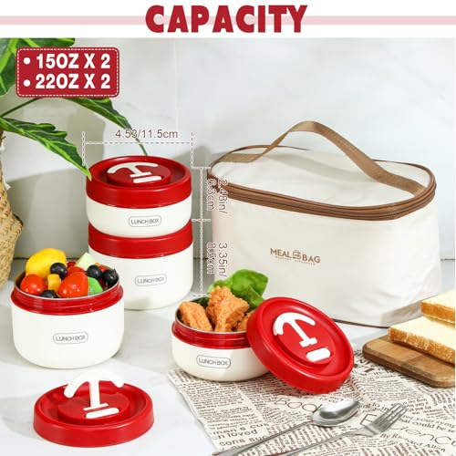Dandat 4 Pcs Insulated Lunch Container, Portable Bento Box, Stainless Steel Lunch Box, Round Stackable Leakproof Thermal Food Container for Adult Men Women with Insulated Bag, 74 oz(Red) - color: Red