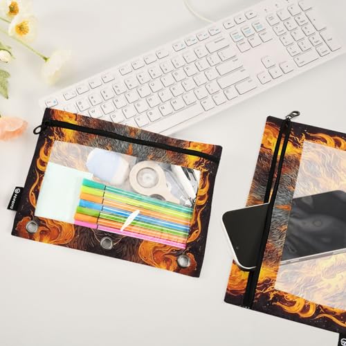 Personalized Custom Orange Black Flame Wolf Head Pencil Pouch for 3 Ring Binder Black Spider Web 2 Pack Binder Pouches Clear Window Zipper Pencil Case Cosmetic Organizer Bags