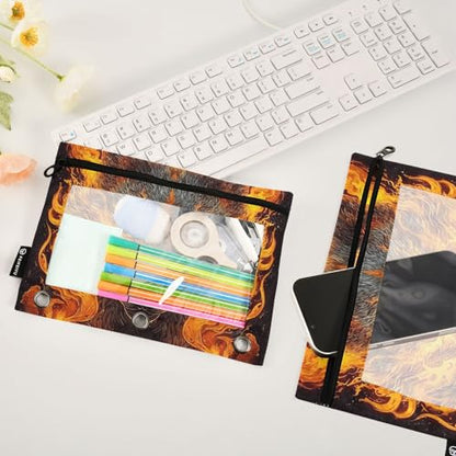 Personalized Custom Orange Black Flame Wolf Head Pencil Pouch for 3 Ring Binder Black Spider Web 2 Pack Binder Pouches Clear Window Zipper Pencil Case Cosmetic Organizer Bags