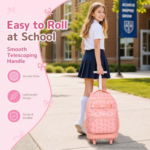 gxtvo Roller Backpack for Girls, Women Rolling Bookbag with Lunch Box for Adults, Water Resistant Wheeled School Bag for College Teens Kids Travel - Pink Bow - color: Girls Rolling Backpack Bow Pink