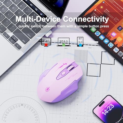 Uineer Wireless Bluetooth Mouse,[Upgraded] Rechargeable Computer Mice (BT 5.0/4.0+2.4G Hz) with Visible Battery Level, 4 Adiustable DPl, Portable PC Mouse for MacBook Chromebook,Purple - color: purple