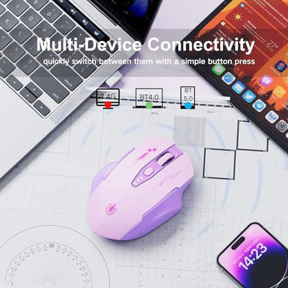 Uineer Wireless Bluetooth Mouse,[Upgraded] Rechargeable Computer Mice (BT 5.0/4.0+2.4G Hz) with Visible Battery Level, 4 Adiustable DPl, Portable PC Mouse for MacBook Chromebook,Purple - color: purple