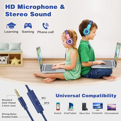 SIMOLIO Stereo Wired Headphones Teens Adult Kid Youth w/Mic & Volume Control & Volume Limited & Share Port & 3.5mm Jack, Safe Volume Durable Foldable Headset for Online School Gaming PC Laptop Travel