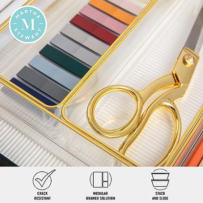 Martha Stewart Kerry Plastic Stackable Office Desk Drawer Organizers, 12" x 3", 6 Pack, with Gold Trim - size: 12" x 3"