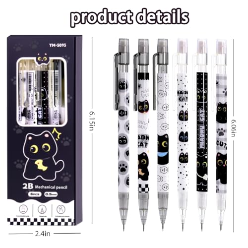 12Pcs Black Cute Cat Mechanical Pencils with Eraser 0.5mm Kawaii Cartoon Cat Mechanical Pencil School Pencil Cat Gifts for Women Man - style: cat black