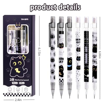 12Pcs Black Cute Cat Mechanical Pencils with Eraser 0.5mm Kawaii Cartoon Cat Mechanical Pencil School Pencil Cat Gifts for Women Man - style: cat black